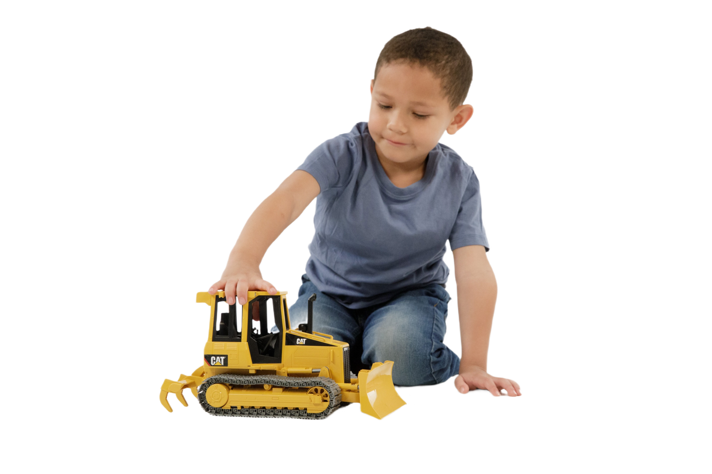 Child playing with a yellow Bruder Caterpillar track-type tractor toy from Vehicles & Remote Controlled Toys collection