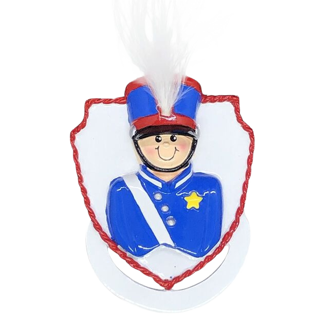 Brunette boy in blue marching band uniform ornament with red hat and white plume for Christmas tree decoration under $50 collection