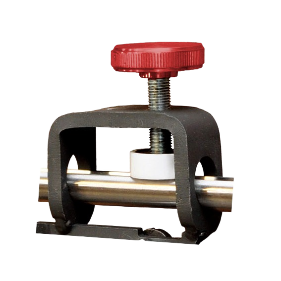Red knob clamp with threaded steel shaft and black metal frame for woodworking tools under $50 collection