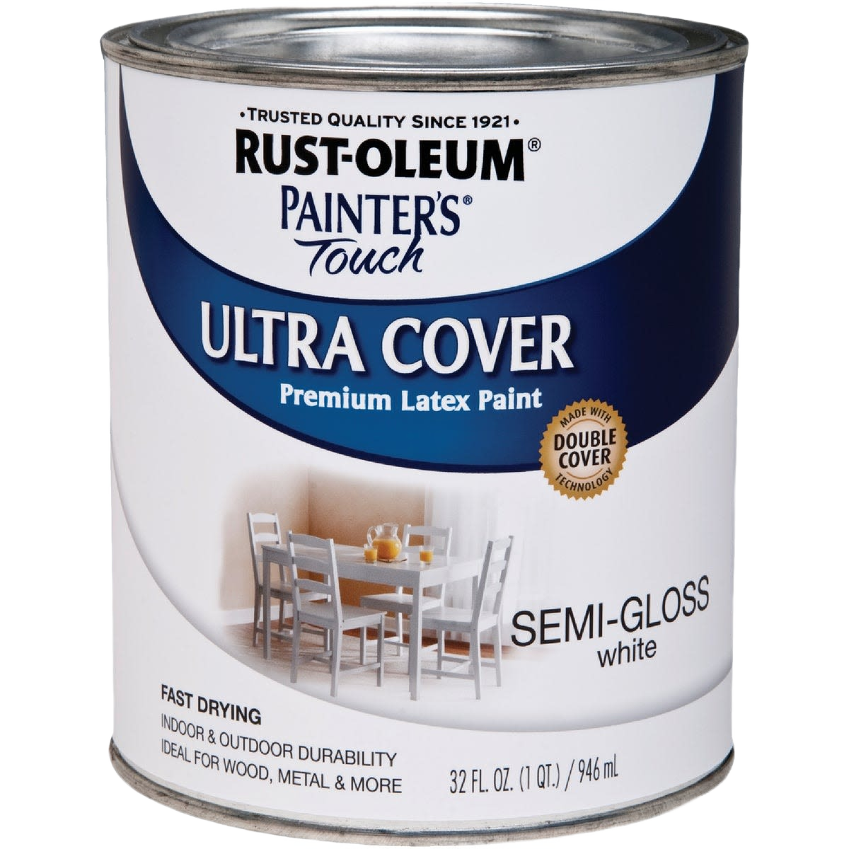 One quart can of white semi-gloss brush-on enamel paint for indoor and outdoor use in specialty paint collections