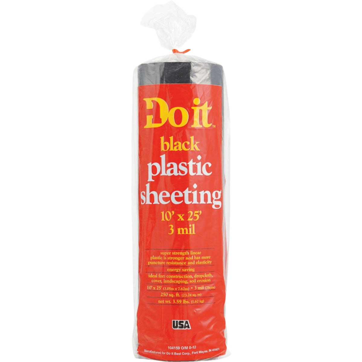 Roll of black plastic sheeting with red and yellow label for construction, landscaping, and home improvement projects