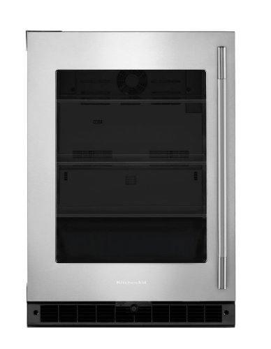 Stainless steel undercounter refrigerator with clear glass door and vertical handle from KitchenAid Appliances collection