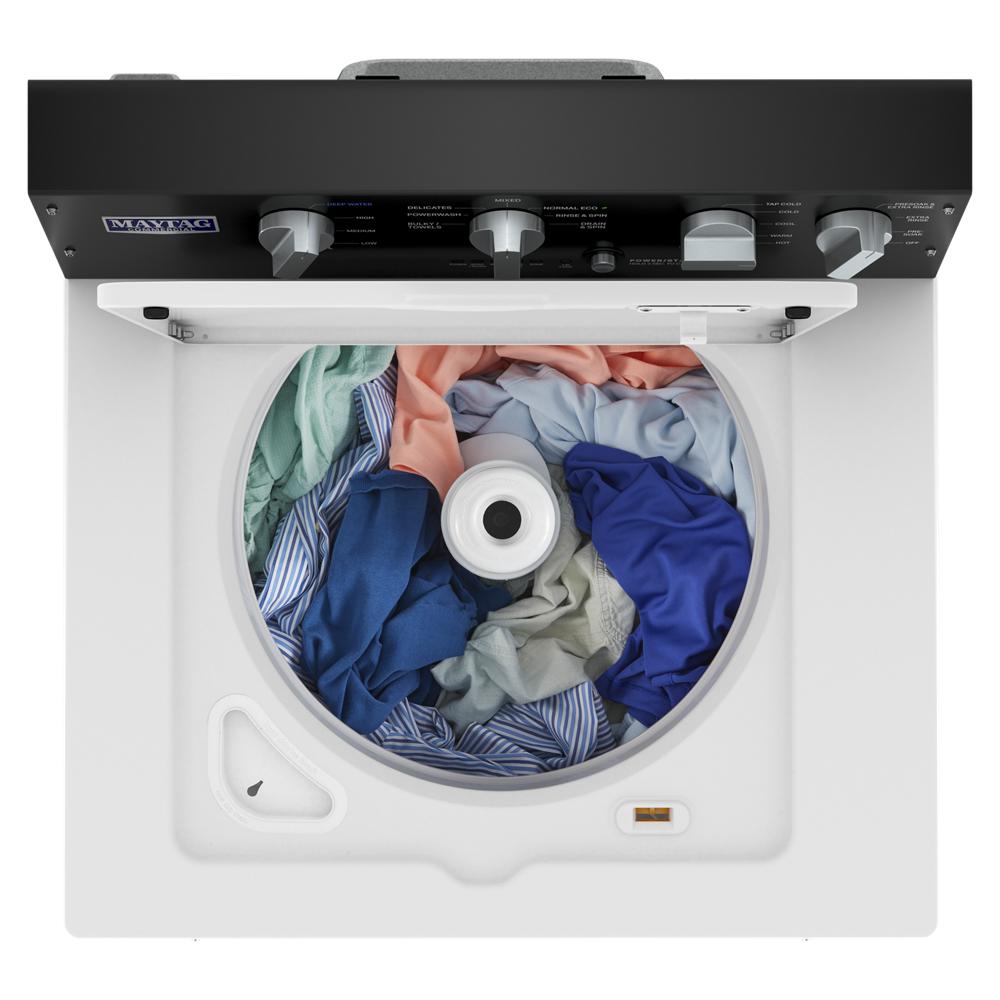 Top load washer open to reveal assorted laundry and black control panel with multiple adjustment knobs from washers collection