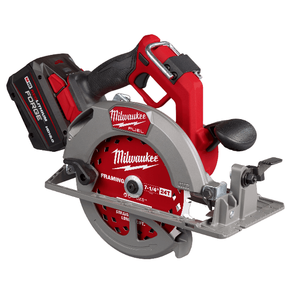 Red and gray cordless 7-1/4 inch circular saw with battery for woodworking in power tools and saws collections