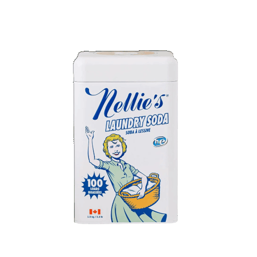 White tin container of Nellie’s laundry soda featuring a retro illustration of a woman with a laundry basket and 100 loads label