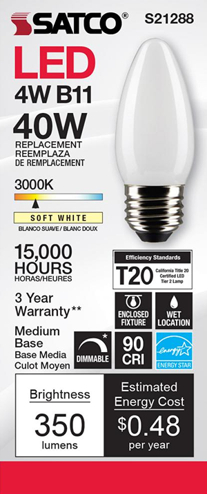 Energy-efficient B11 LED bulb with medium base and soft white light for home improvement lighting and electrical use collections