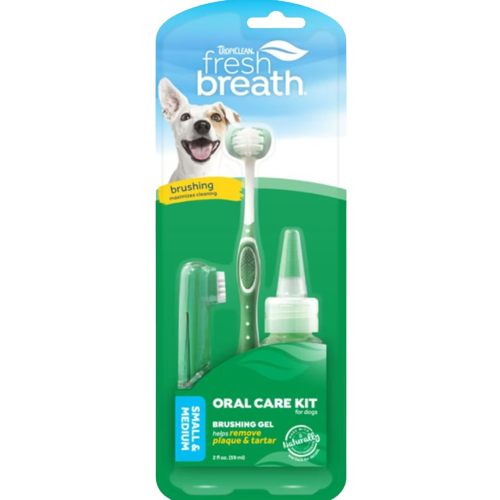 Oral care kit for dogs with brushing gel and dual-headed toothbrush designed to reduce plaque and tartar buildup