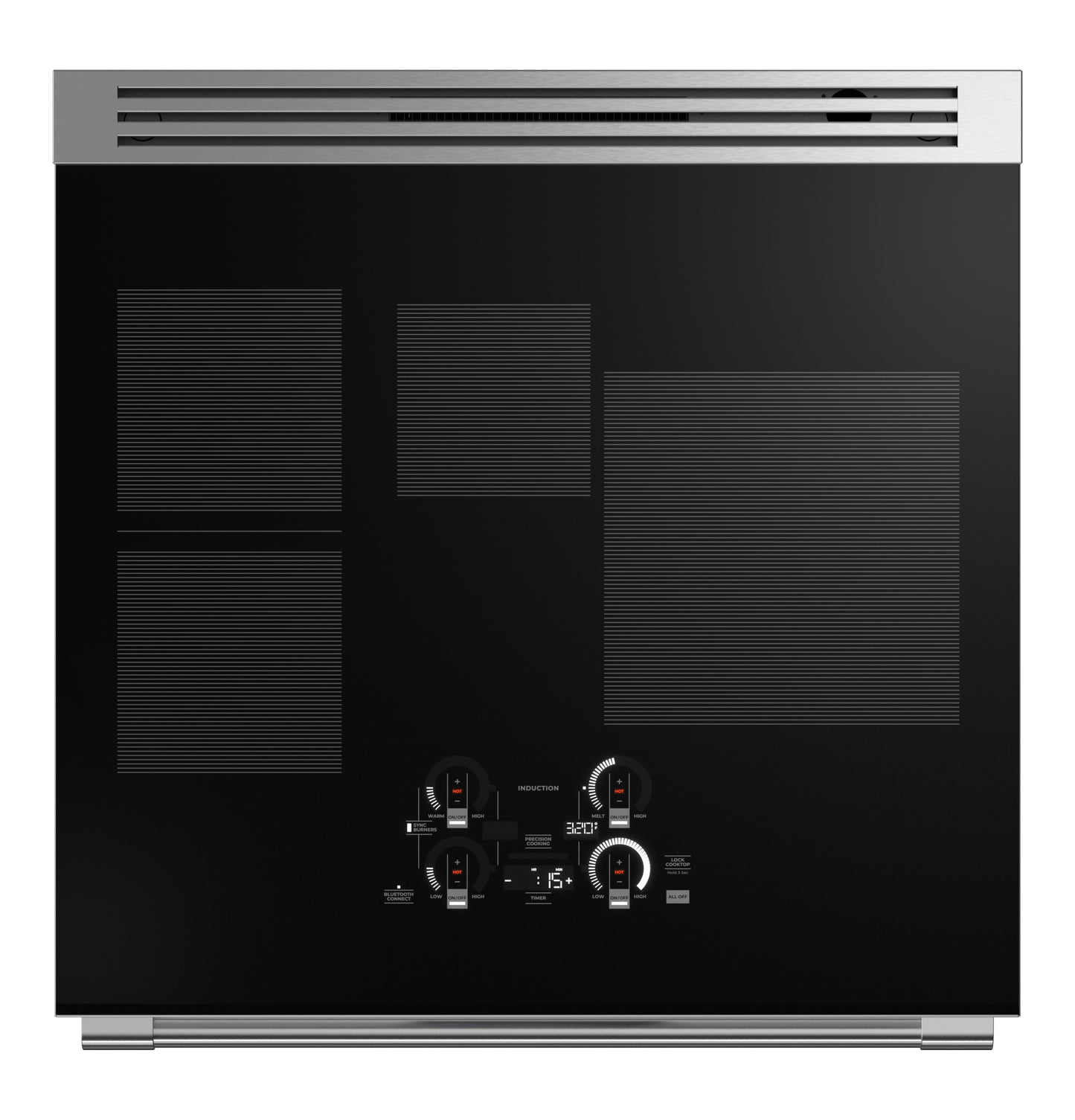 Black induction cooktop with four heating elements and digital control knobs in kitchen appliances collection