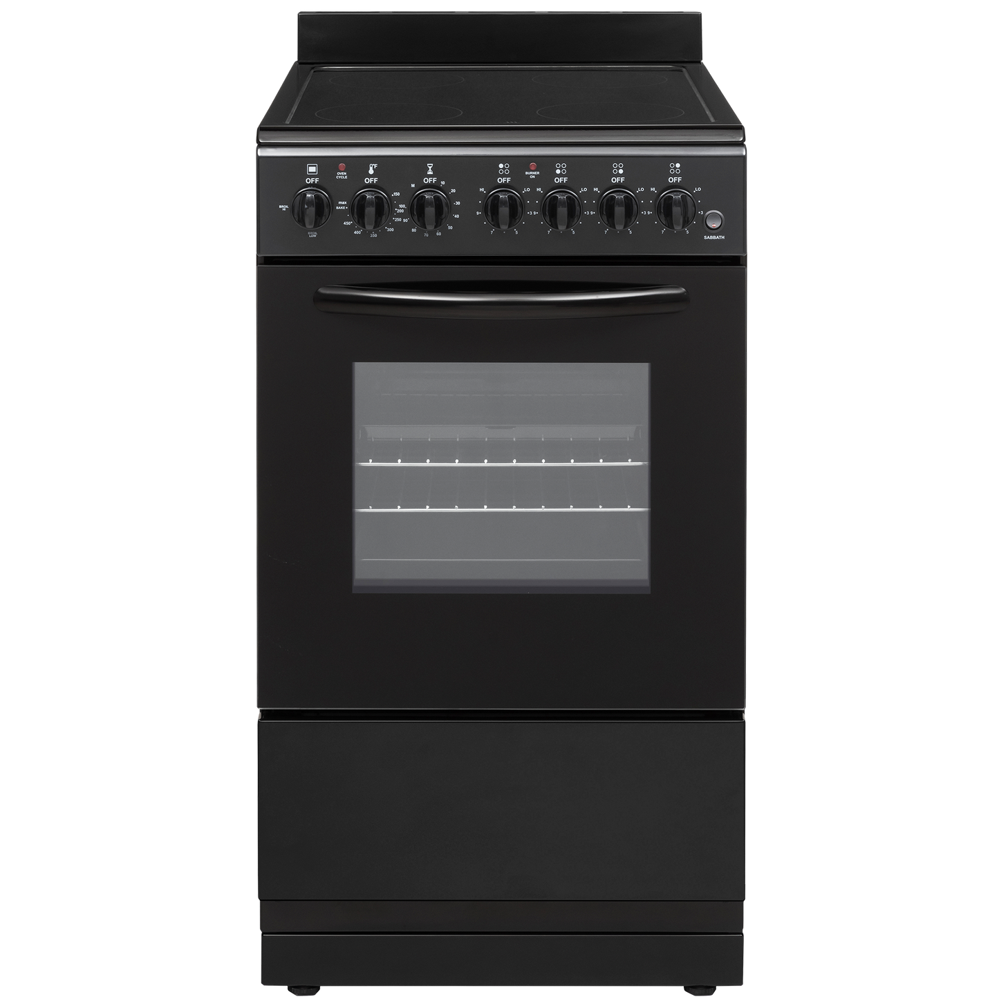 Black electric range with six control knobs and glass oven door for kitchen appliance and cooking use