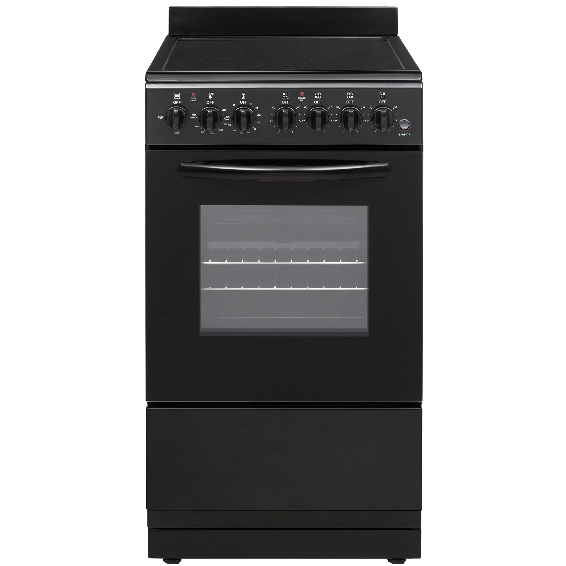 Black electric range with six control knobs and glass oven door for kitchen appliance and cooking use
