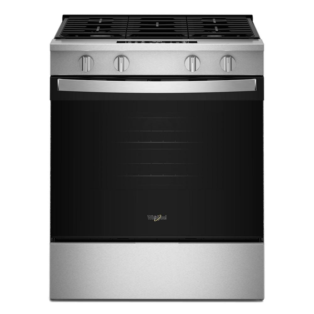 Front view of a stainless steel 30-inch gas range with four control knobs and a large oven door, ideal for ranges, gas ranges, kitchenware, and appliances collections.