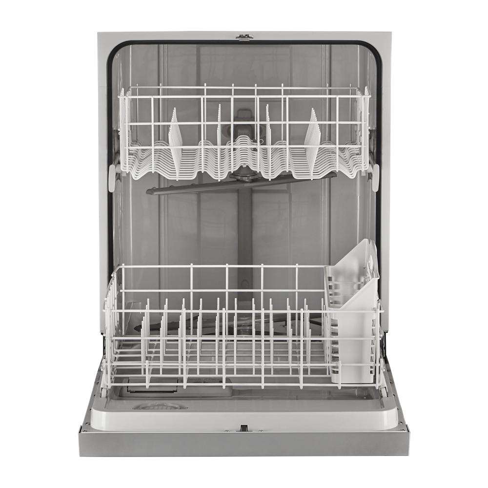Open stainless steel dishwasher interior featuring adjustable racks and utensil holder for kitchen appliances collection