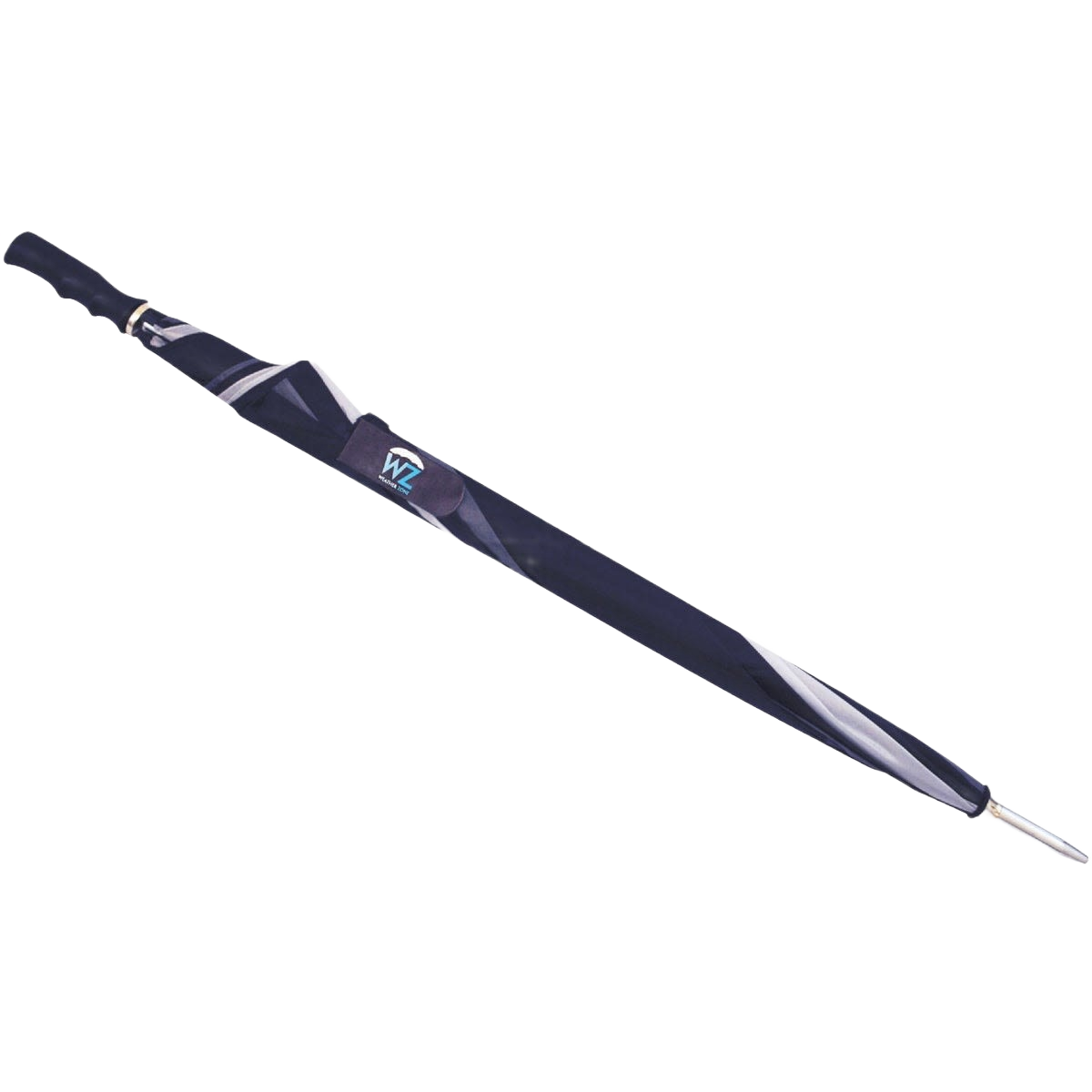 Compact black golf umbrella in protective sleeve with logo visible for outdoor and home improvement use
