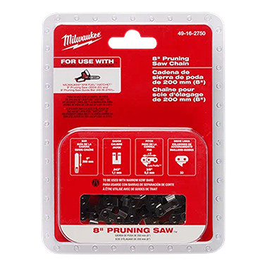 Milwaukee branded 8-inch pruning saw chain in sealed red and clear plastic packaging for tool replacement and home improvement
