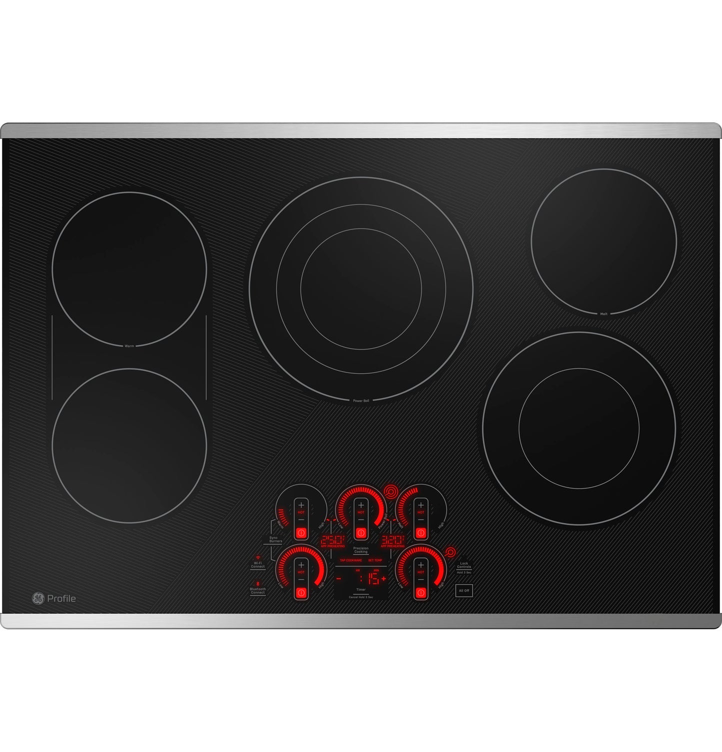Black electric cooktop with five touch control burners and stainless steel trim from Cooktops collection