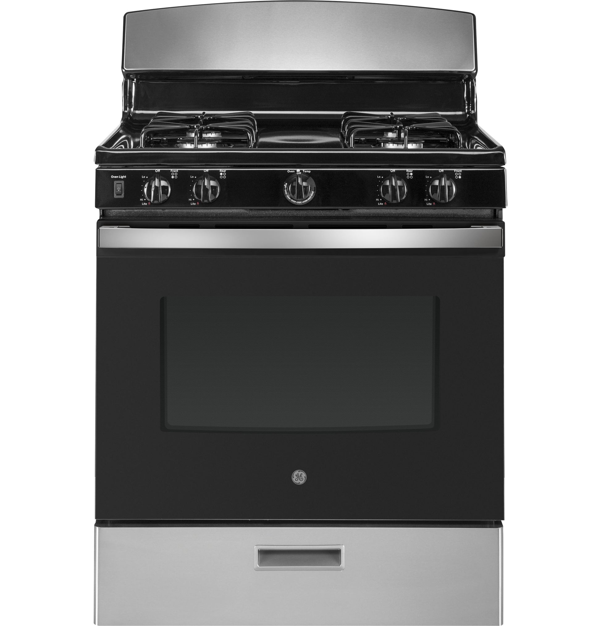 Black and stainless gas range with four burners and front control knobs in gas ranges and kitchen appliances collection