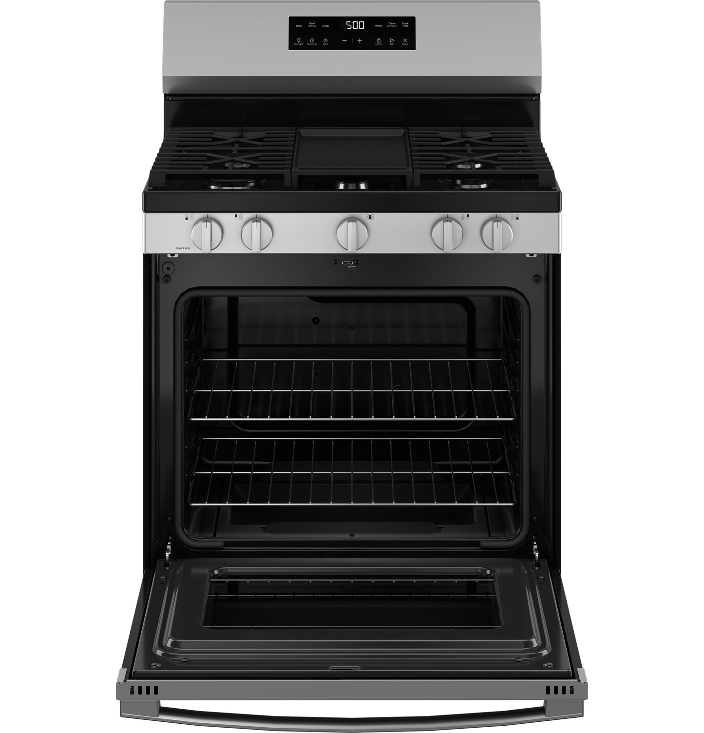 Open stainless steel free-standing gas range with digital control panel and two oven racks in kitchen appliances collection