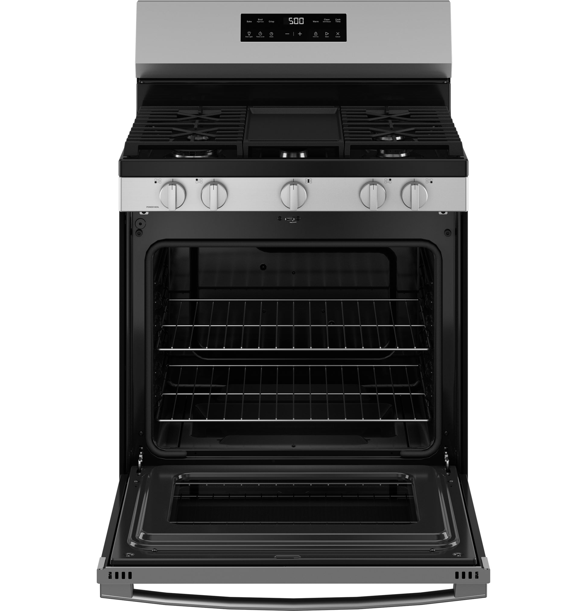 Open stainless steel free-standing gas range with digital control panel and two oven racks in kitchen appliances collection