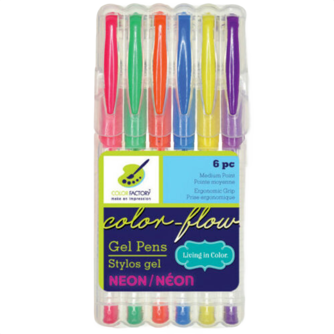 Set of six neon gel pens in assorted colors with ergonomic grip for smooth writing and vibrant gel ink flow