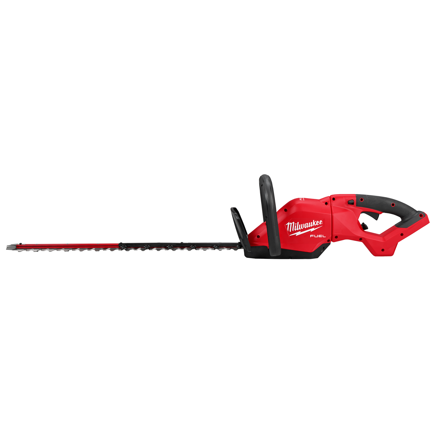 Red 24-inch cordless hedge trimmer with ergonomic handle designed for home improvement and outdoor tools use