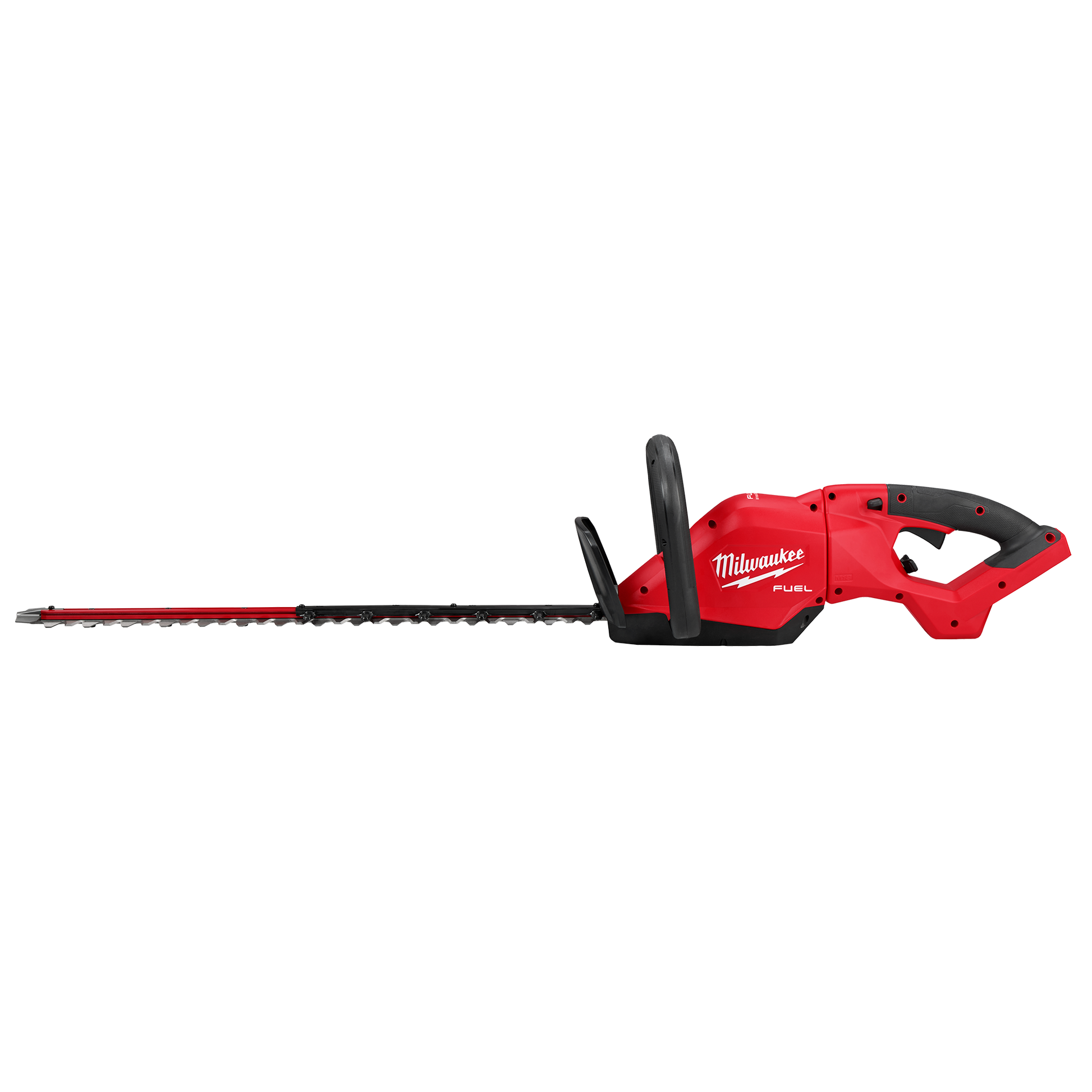 Red 24-inch cordless hedge trimmer with ergonomic handle designed for home improvement and outdoor tools use