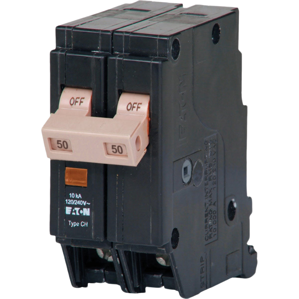 Black double-pole circuit breaker with beige toggle switches marked off and 50 amps for home improvement electrical safety