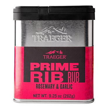 Metal tin container of Traeger prime rib rub with rosemary and garlic seasoning in red and silver packaging