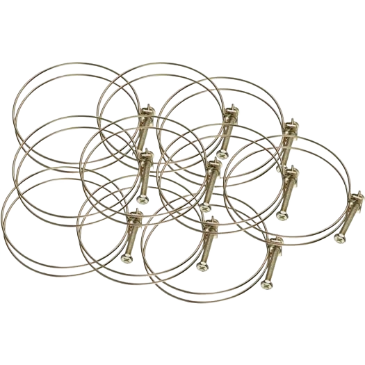 Set of 10 silver metal wire hose clamps designed for secure connections in woodworking and dust collection tools