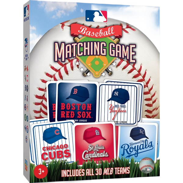 Box of MLB themed matching card game featuring logos and hats of professional baseball teams for family playtime.