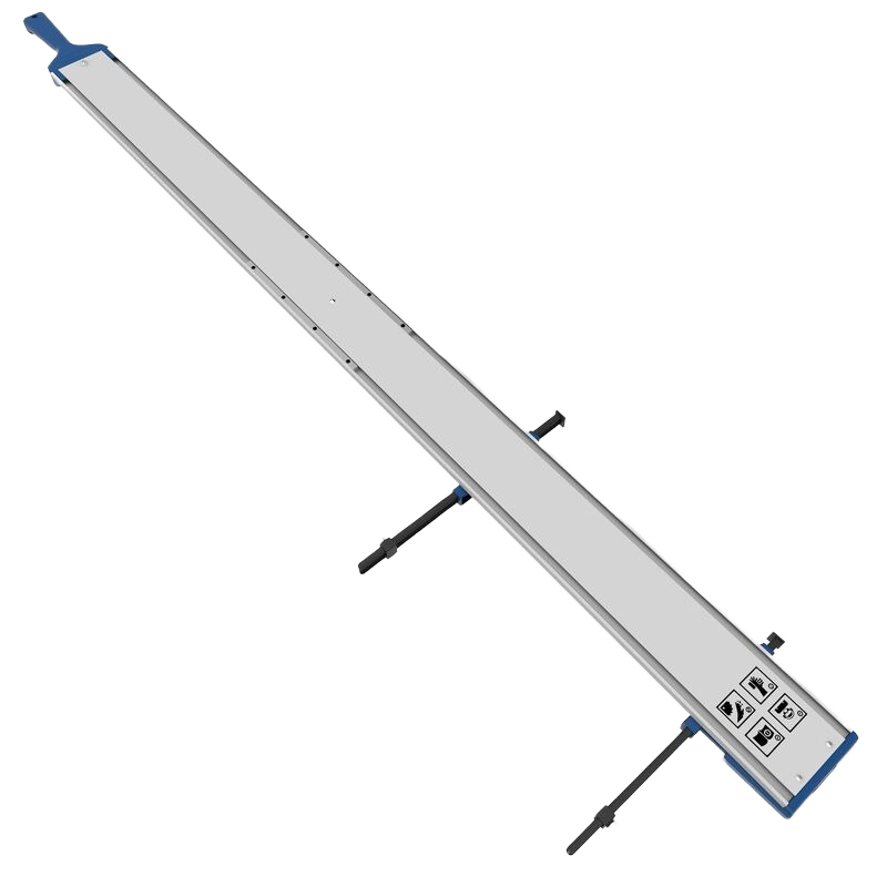 Long aluminum guide rail with blue ends and adjustable clamps for precision cutting in saw accessories and power tool collections