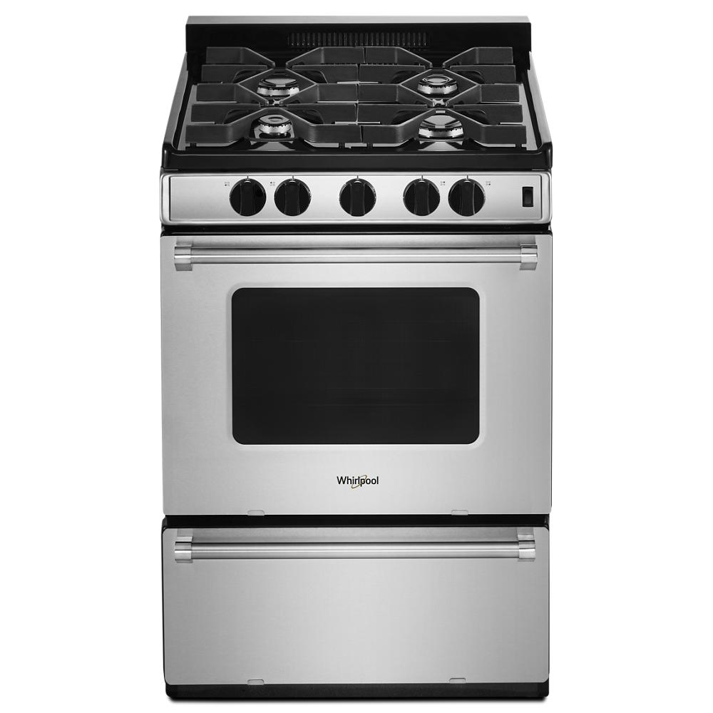Stainless steel 24-inch gas range with sealed burners and front control knobs for home improvement kitchens