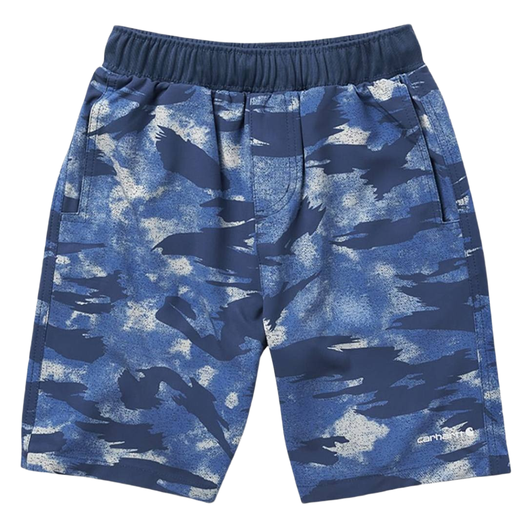Blue camouflage loose fit ripstop shorts with elastic waistband designed for active boys size 12