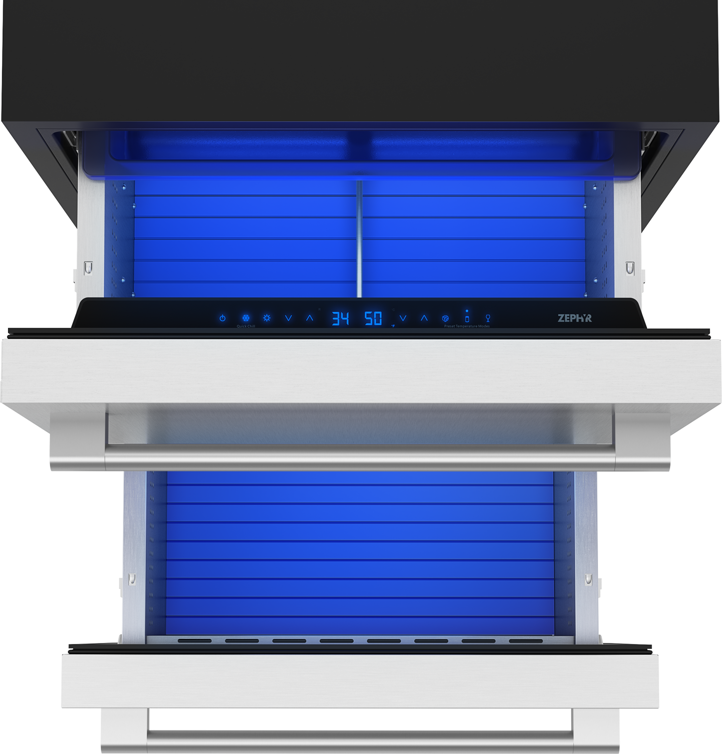 Under-counter dual zone refrigerator drawers in stainless steel with digital controls for kitchen appliance storage