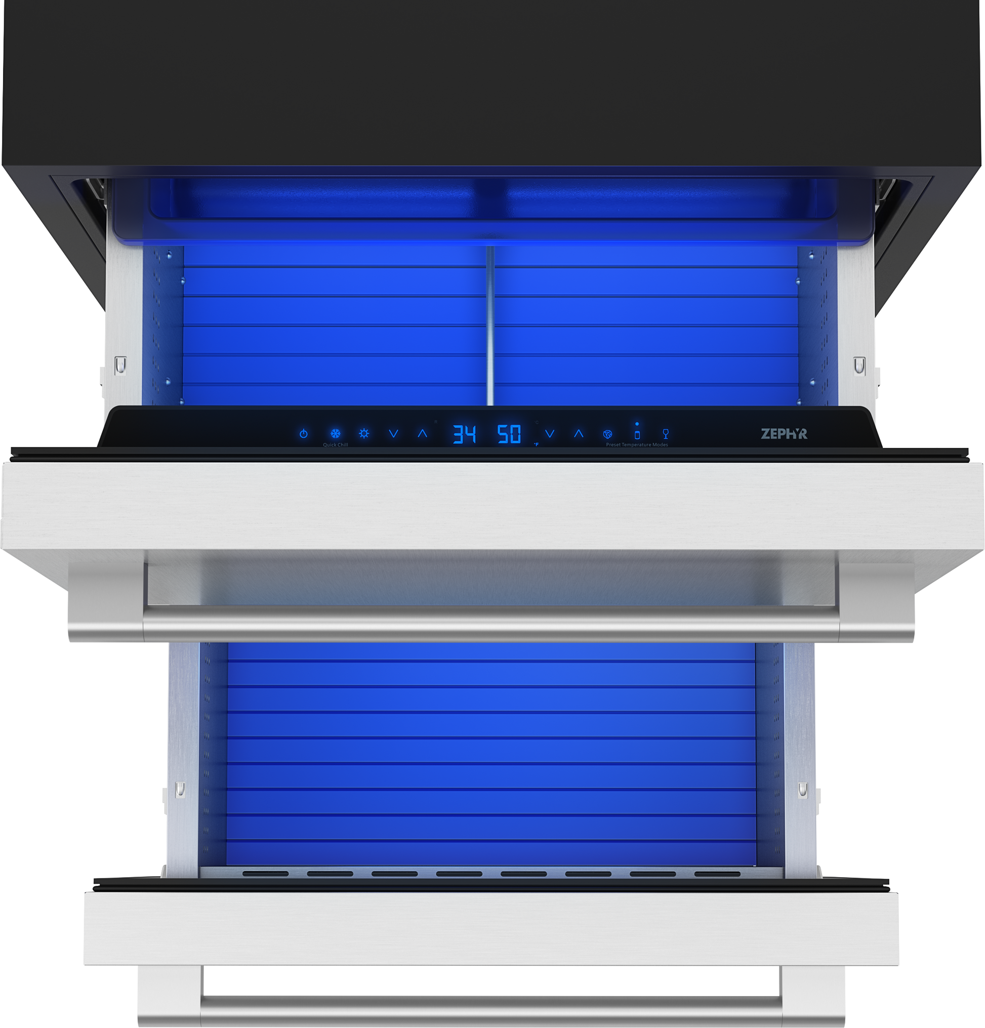 Under-counter dual zone refrigerator drawers in stainless steel with digital controls for kitchen appliance storage