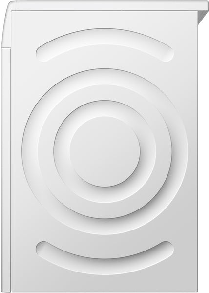 Side view of white Bosch 500 Series heat pump dryer with concentric circular design on the panel from laundry appliances collection