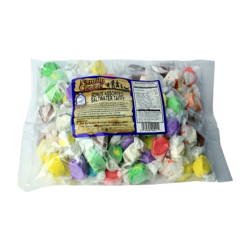 Clear plastic bag filled with colorful wrapped salt water taffy candies for sweet treats or snacks