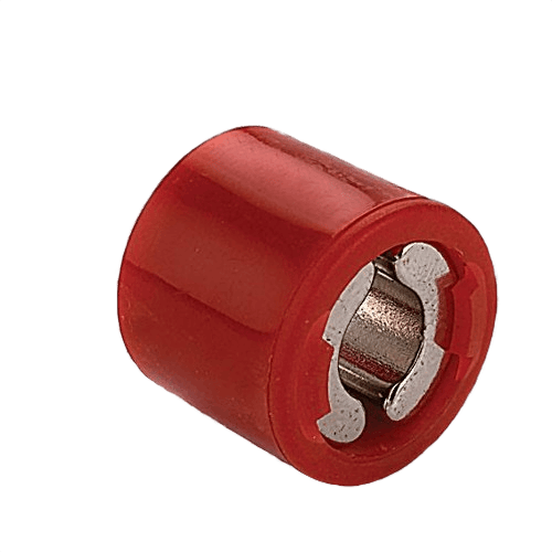 Red magnetic tool tip holder designed for securing screws on driver bits in tool accessories collection