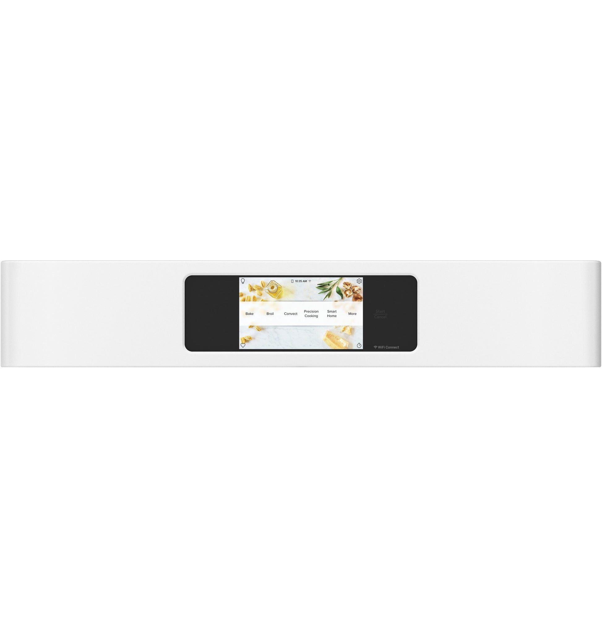 Close-up of smart touchscreen control panel for white built-in wall oven in Kitchen & Kitchenware collection