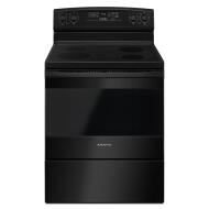 Sleek black electric range with digital controls and spacious oven window, ideal for modern kitchen and cooking needs