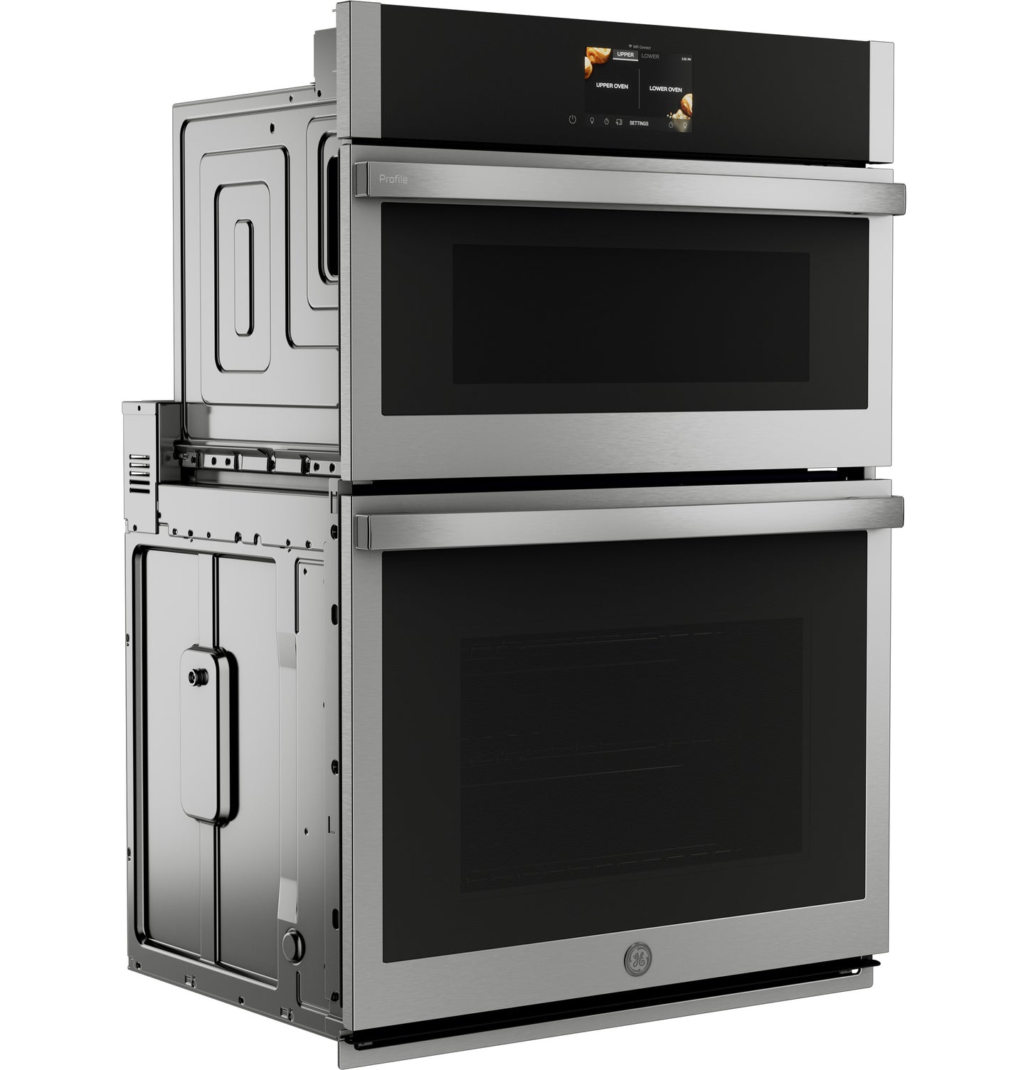 Stainless steel combination double wall oven with digital display and convection, part of kitchen appliances collection