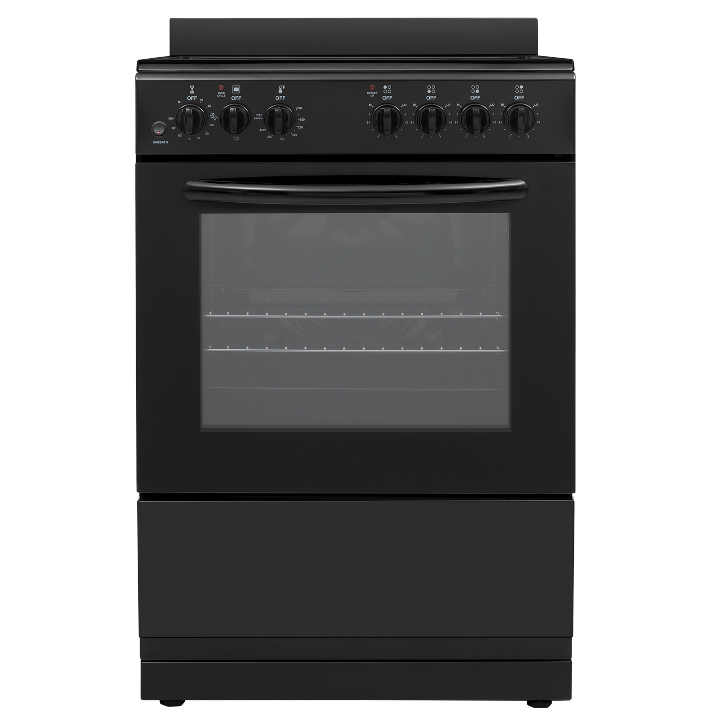 Black electric range with oven window and front control knobs, designed for compact kitchen and appliance collections.