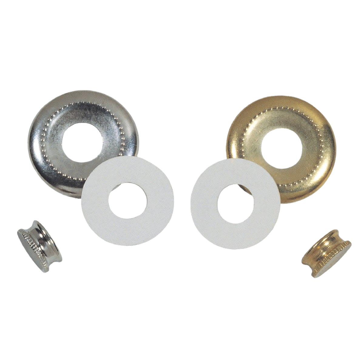 Two metal lock-up rings with white washers designed for ceiling glass fixtures in lighting and electrical use