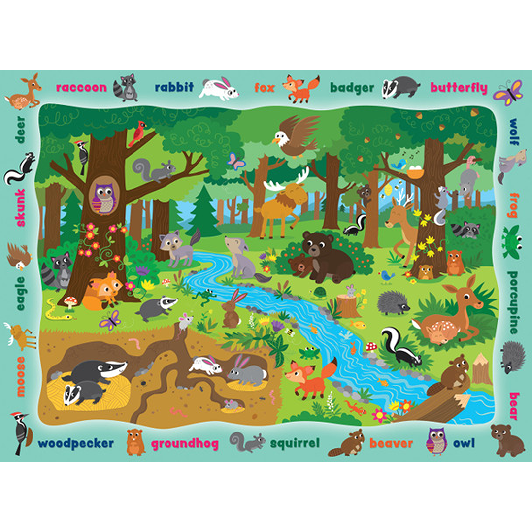 Illustrated colorful forest scene puzzle with 24 woodland animals for kids in toys and puzzles under $50 collection