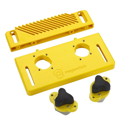 Yellow woodworking tool accessories including adjustable MagJigs and mounting plate for home improvement projects