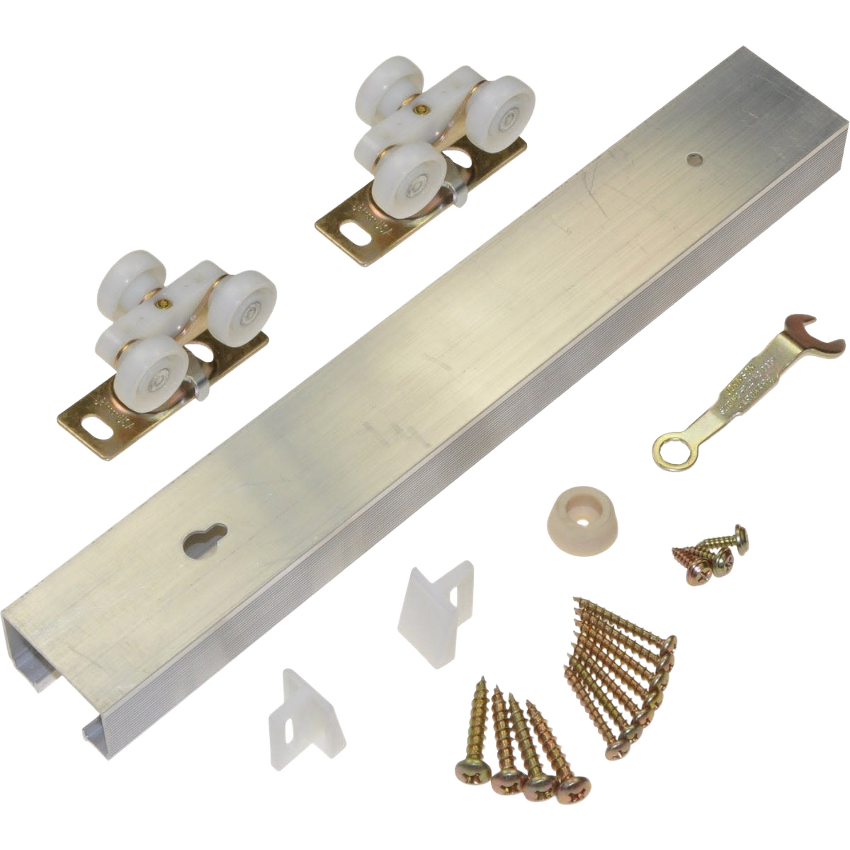 Aluminum pocket door track hardware kit with white nylon rollers, metal brackets, screws, and installation wrench for home improvement use