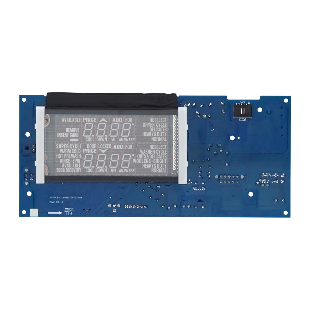 Blue electronic control board with digital display screen and multiple solder points for gas dryers in Appliances collection