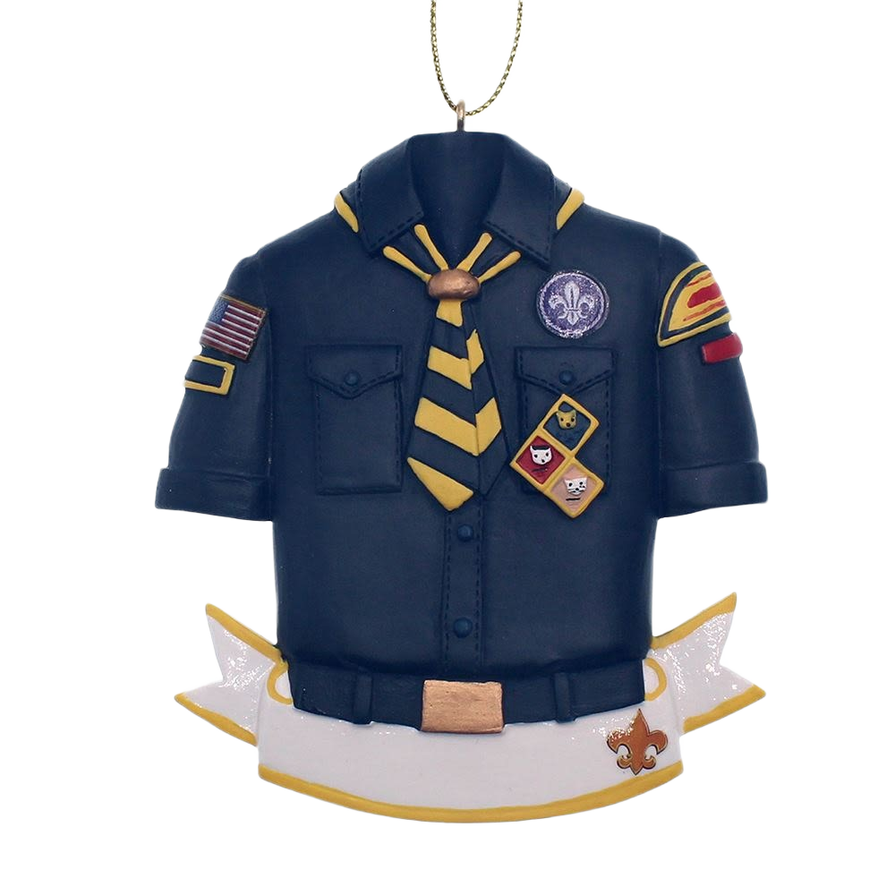 Navy blue Cub Scout shirt ornament with badges, striped neckerchief, and customizable name banner for holiday display