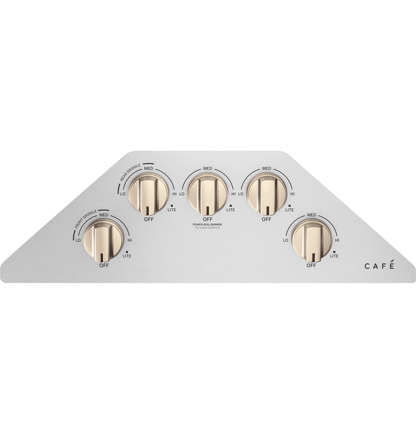 Stainless steel cooktop control panel with five bronze-tone knobs from kitchen appliances and cooktops collection