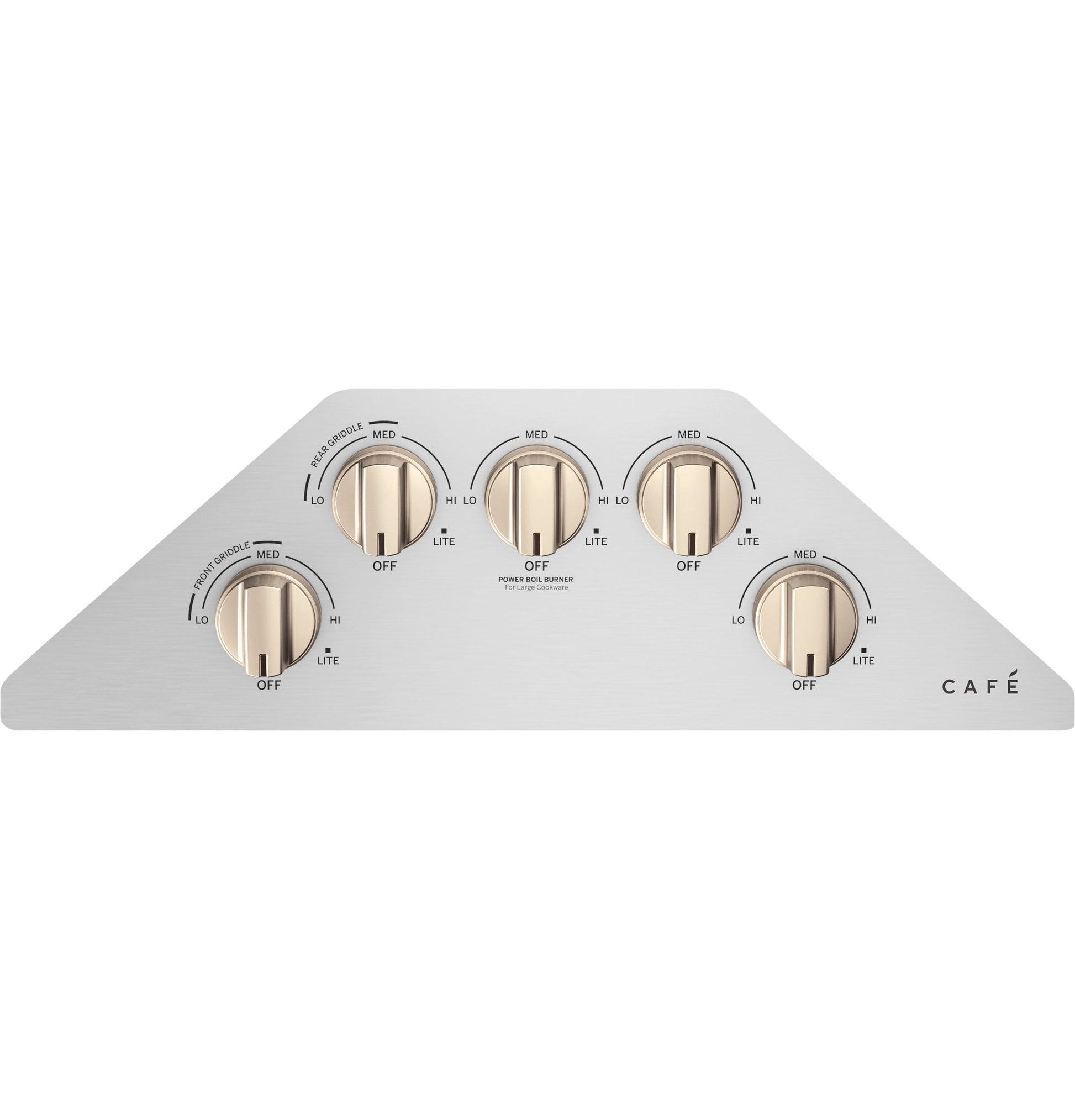 Stainless steel cooktop control panel with five bronze-tone knobs from kitchen appliances and cooktops collection