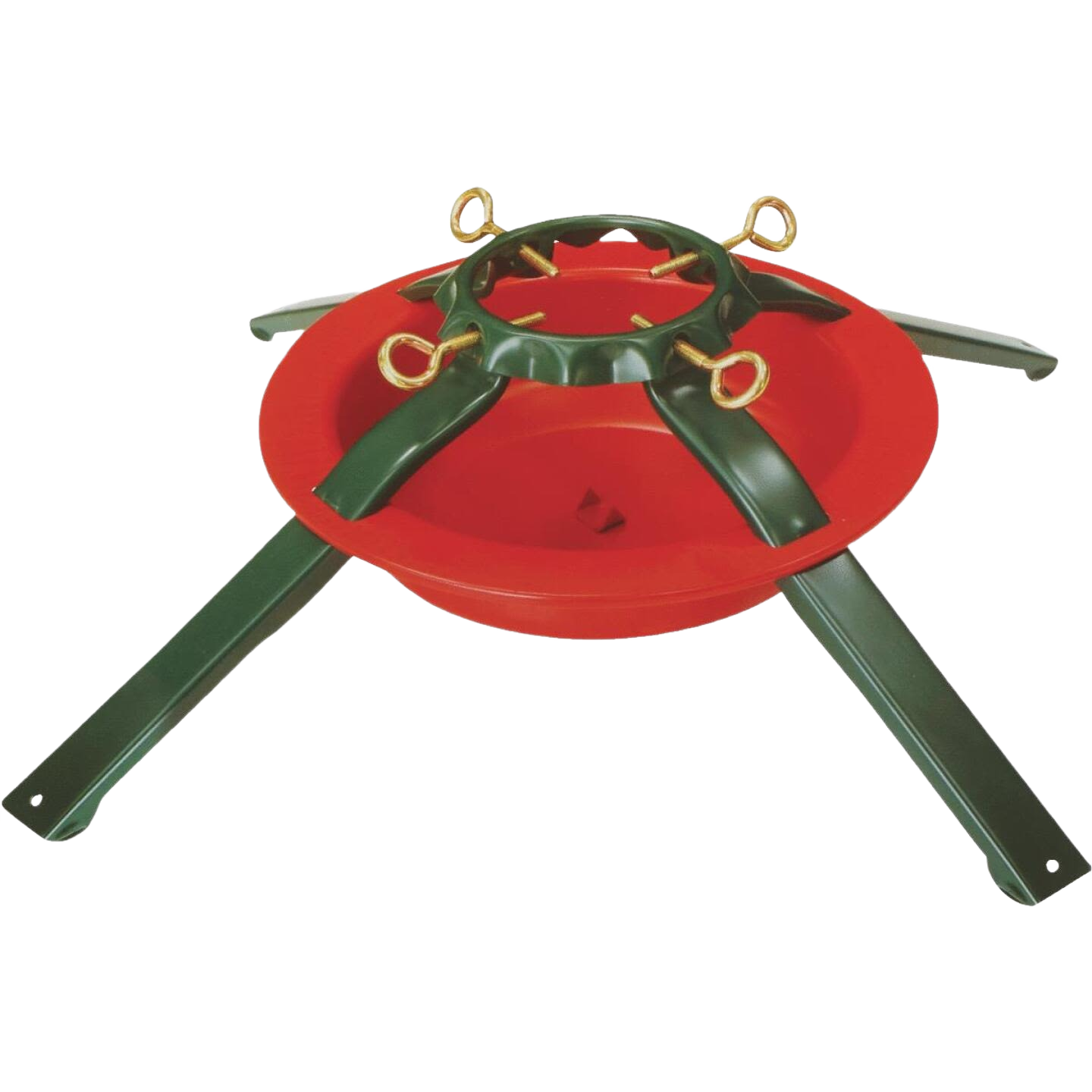 Steel Christmas tree stand in red and green with adjustable arms for trees up to 8 feet tall in holiday decor collection